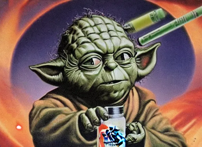 Image similar to vintage 1 9 7 7 star wars movie poster, of yoda with bloodshot eyes smoking a huge marijuana cigarette, surrounded by cannabis plants