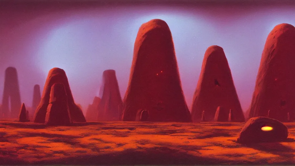 Image similar to mysterious megaliths of an alien civilization by paul lehr and john schoenherr, cinematic matte painting