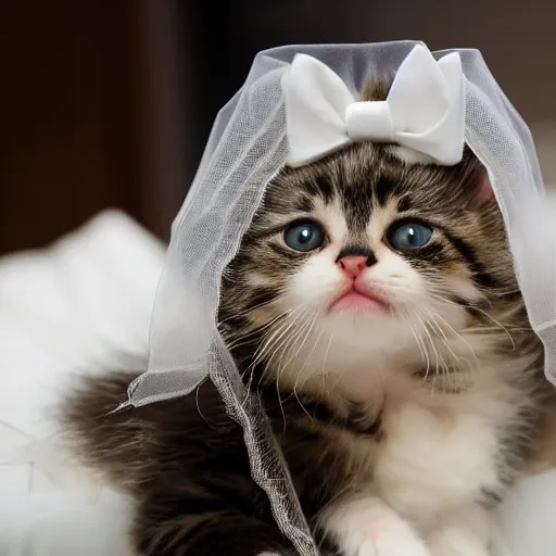 Prompt: cute kitten wearing a bride veil