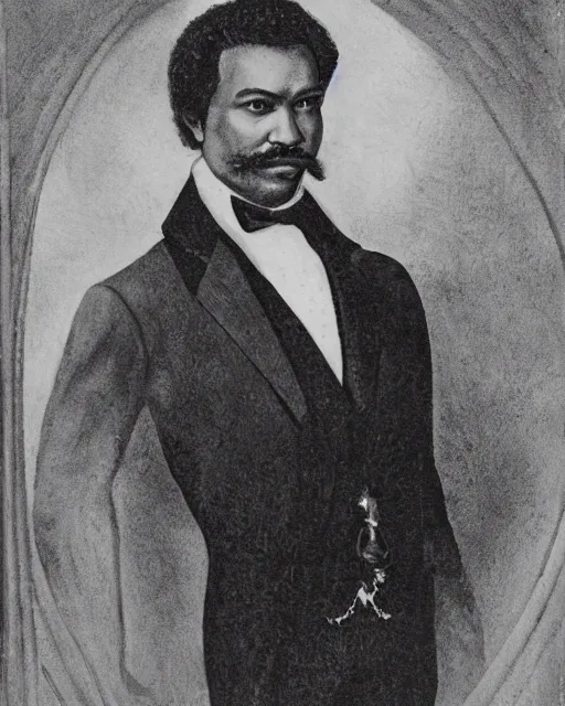 Image similar to symmetrical portrait of lando calrission dressed in formal wear and joining his two hands