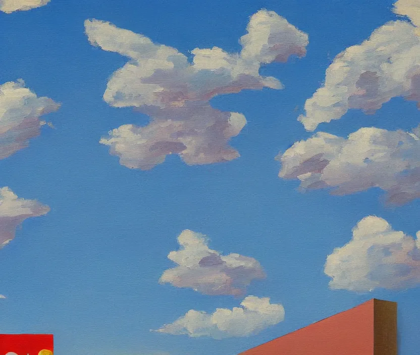 Image similar to a very detailed painting of one ad billboard, baby blue sky with very aesthetic stylized clouds, in the style of edward hopper and kandinsky, very small brushstrokes, 4 k,