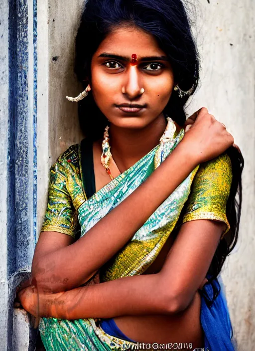 Image similar to color portrait Mid-shot of an beautiful 20-year-old Indian woman, street portrait in the style of Mario Testino award winning