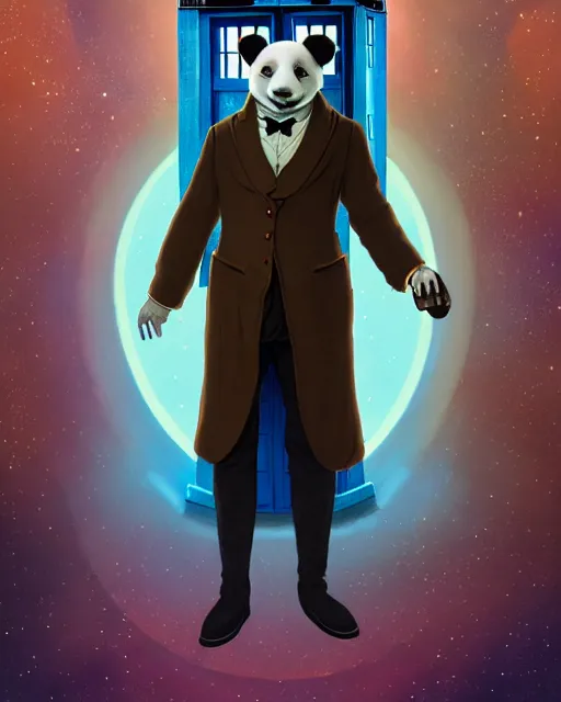 Image similar to anthropomorphic art of a detective panda inside tardis, victorian inspired clothing by artgerm, victo ngai, ryohei hase, artstation. fractal papersand books. highly detailed digital painting, smooth, global illumination, fantasy art by greg rutkowsky, karl spitzweg, doctor who