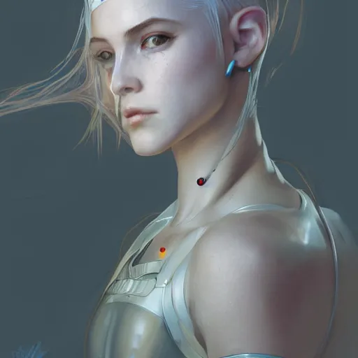 Image similar to portrait of a young female cyberpunk fighter, futuristic, headshot, hyper realistic, pale skin, 4k, rule of thirds, beautiful eyes, extreme detail, detailed drawing, trending artstation, hd, fantasy, D&D, realistic lighting, by Alphonse Mucha, Greg Rutkowski, sharp focus, backlit, elegant