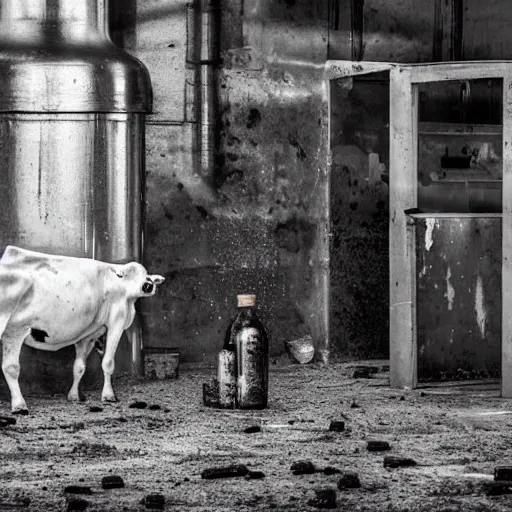 Image similar to dirty bottle of milk and a cow inside rusted slaughterhouse