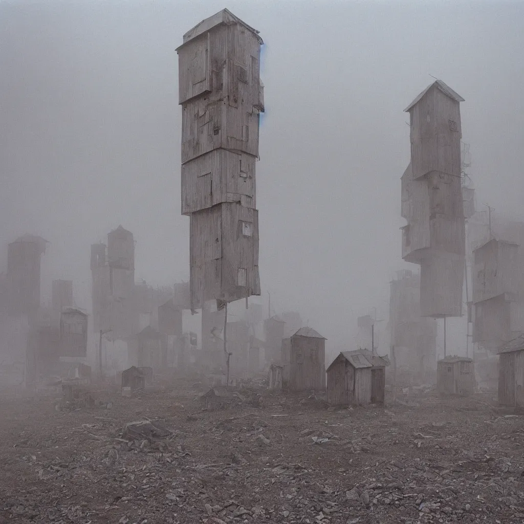 Image similar to two towers, made up of makeshift squatter shacks with pastel colours, uneven dense fog, dystopia, mamiya rb 6 7, fully frontal view, very detailed, photographed by jeanette hagglund