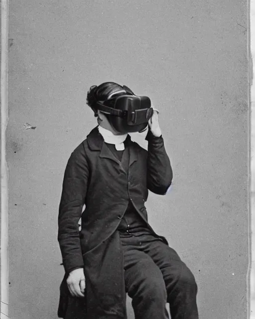 Image similar to 1 8 0 0 s photo of a person wearing a vr virtual reality headset