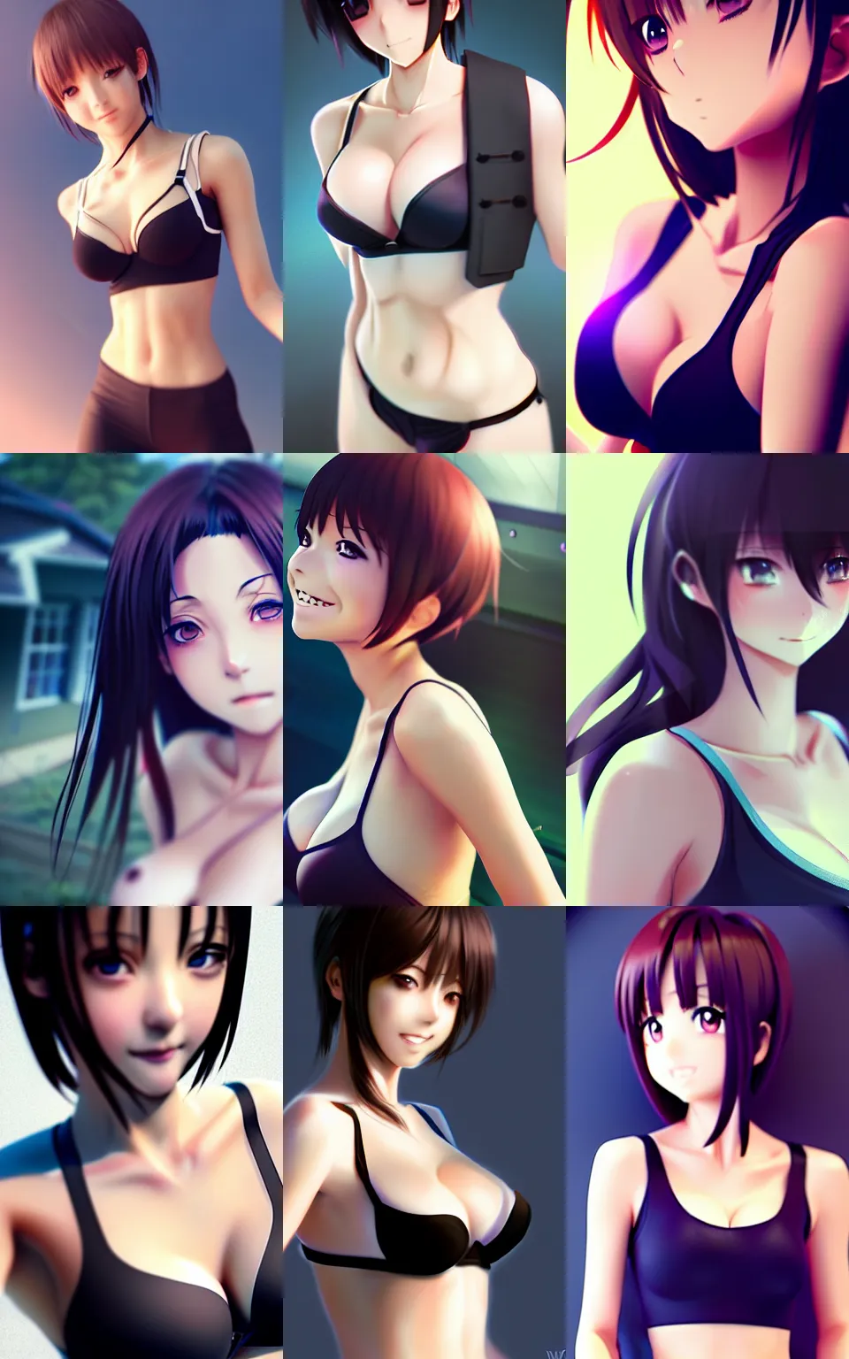 Prompt: beautiful anime girl, medium shot, visible stomach, bare shoulders, sport bra, short black hair, cute smile, realistic anime face, artstation, fine details, kyoani, high resolution, 4k, digital painting by WLOP, octane render, photorealistic, composition, ultra realistic