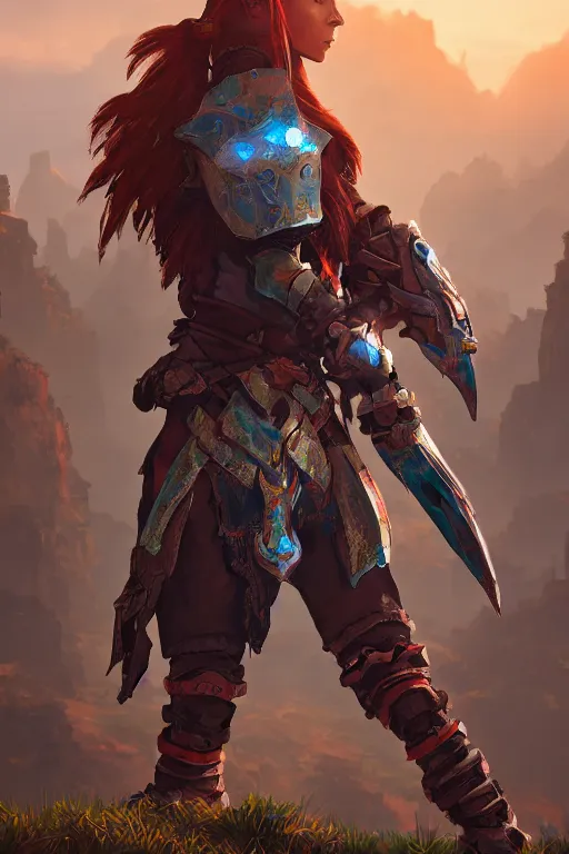 Image similar to combination suit armor aloy horizon forbidden west horizon zero dawn radiating a glowing aura global illumination ray tracing hdr fanart arstation by ian pesty and alena aenami artworks in 4 k tribal robot ninja mask helmet backpack