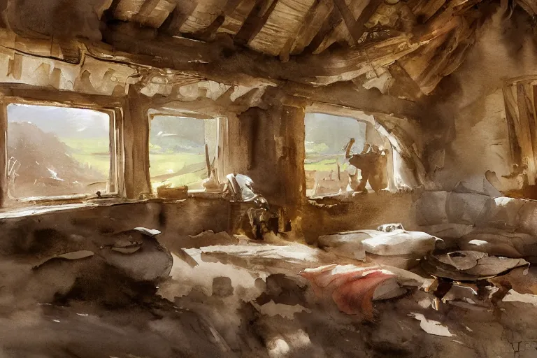 Prompt: paint brush strokes, abstract watercolor painting of rustic village house, interior closeup, medieval straw roof, scandinavian viking age, fog, ambient lighting, art by hans dahl, by jesper ejsing, art by anders zorn, wonderful masterpiece by greg rutkowski, cinematic light, american romanticism by greg manchess, creation by tyler edlin