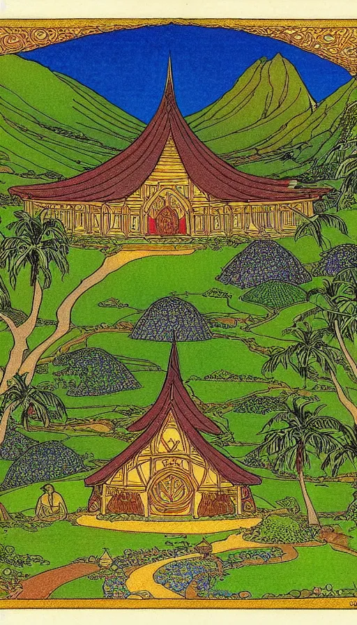 Image similar to hobbit monastery on hawaii, by Ivan Bilibin,