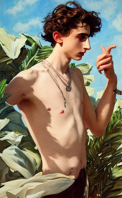 Image similar to Timothee Chalamet, the most beautiful androgynous man in the world, intense painting, sunny day at beach, tropical island, +++ super supper supper dynamic pose,  digital art, j.c. leyendecker