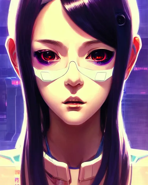 Image similar to a comic potrait of a cyberpunk cyborg girl with big and cute eyes, fine - face, realistic shaded perfect face, fine details. night setting. very anime style. realistic shaded lighting poster by ilya kuvshinov katsuhiro, magali villeneuve, artgerm, jeremy lipkin and michael garmash, rob rey and kentaro miura style, trending on art station