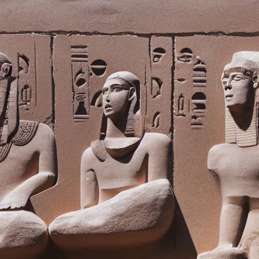 Image similar to A photo of fragmented Egyptian sculpture of the Beatles in the center of an ancient city, 4K