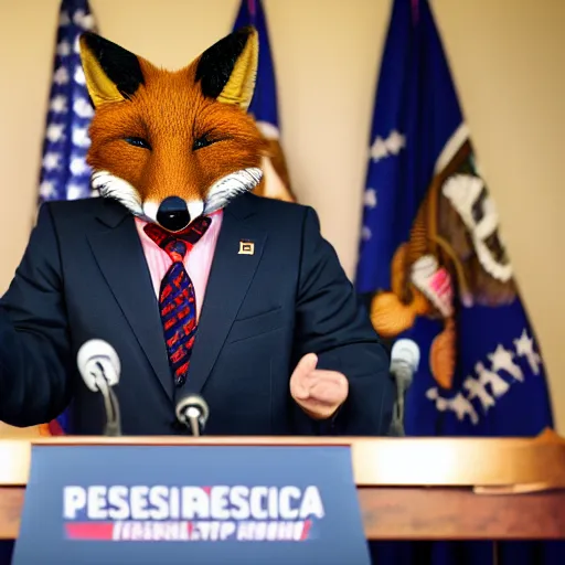 Image similar to a fox animal dressed in a suit giving a presidential press conference, 8 5 mm f / 1. 4