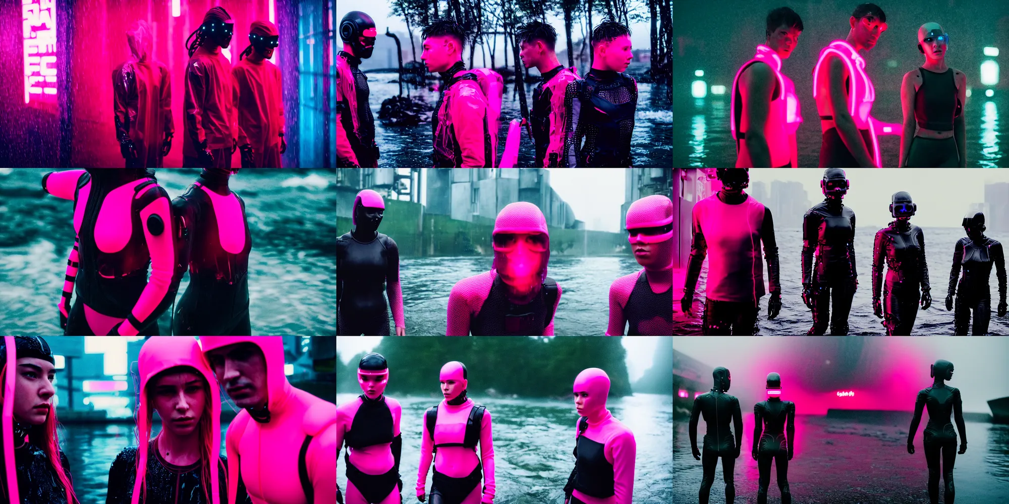 Prompt: cinestill 5 0 d candid photographic portrait by robert capas of 2 cyborgs wearing rugged neon pink mesh techwear in treacherous waters, wide shot, bokeh, modern cyberpunk moody depressing cinematic, pouring rain, 8 k, hd, high resolution, 3 5 mm, f / 3 2, ultra realistic faces, ex machina