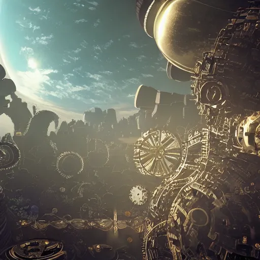 Image similar to planet made out of gears and clockwork, realistic futuristic, 4 k highly detailed, in space, cyberpunk