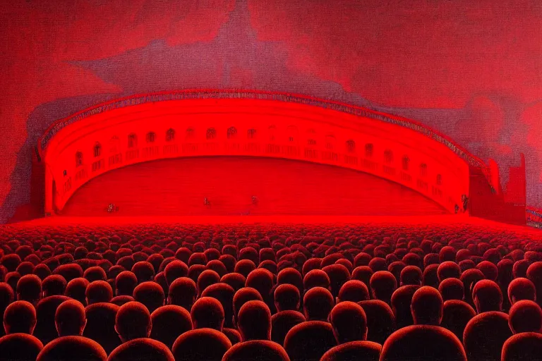 Image similar to only with red, a red great emperor, taormina amphitheatre, crowd with big smile, in the style of beksinski, parts by edward hopper, parts by rodcenko, parts by yue minjun, intricate and epic composition, red by caravaggio, insanely quality, highly detailed, masterpiece, red light, artstation, 4 k