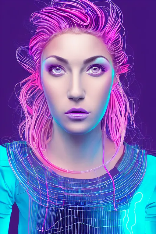 Image similar to a award winning half body portrait of a beautiful woman with stunning eyes in a croptop and cargo pants with ombre purple pink teal hairstyle and hands in pockets by thomas danthony, surrounded by whirling illuminated lines, outrun, vaporware, shaded flat illustration, digital art, trending on artstation, highly detailed, fine detail, intricate