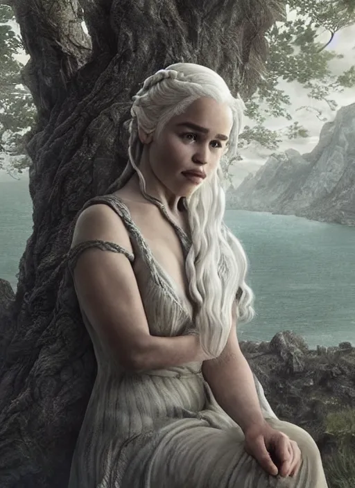 Image similar to Emilia Clarke as Daenerys Targaryen taking a rest under tree after an long adventure, a ruggedly muscled handsome heroine, intricate, elegant, highly detailed, centered, digital painting, artstation, concept art, smooth, sharp focus, illustration, artgerm, donato giancola, Joseph Christian Leyendecker, WLOP, Artgerm, thunder storm