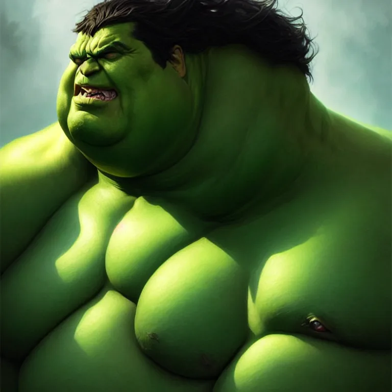 Prompt: portrait of morbidly obese hulk, black hair, green eyes, elegant, real life skin, intricate artwork, high detailed, artstation, concept art, smooth, sharp focus, art by artgerm and greg rutkowski @ ruprechy