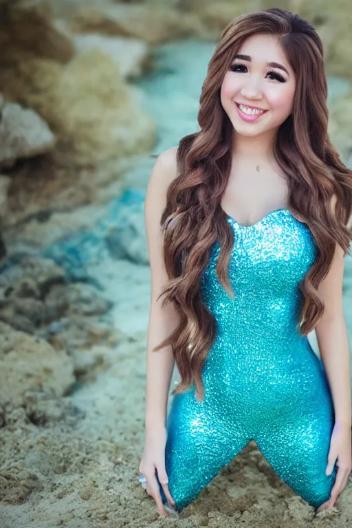 Image similar to pokimane in a mermaid outfit fantasy, highly detailed face, 8 k