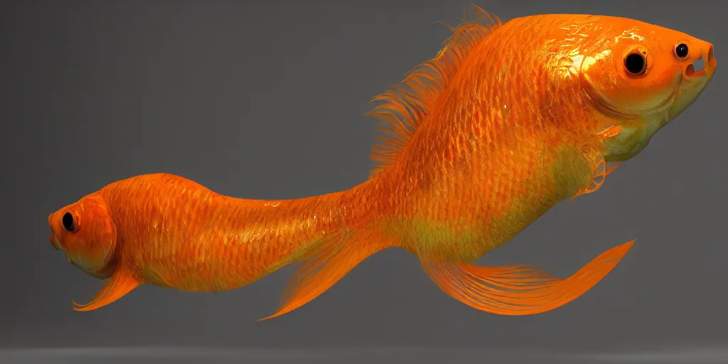 Image similar to goldfish, stylized layered textures, long flowing fins, bioluminescent orbs, 3 d render, substance painter, glowing eye, smooth, sharp focus, art by h r giger