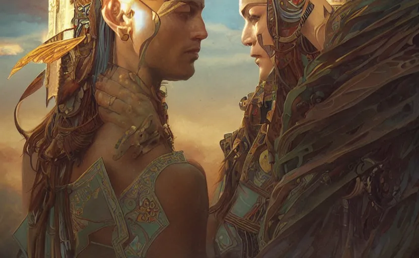 Prompt: anunnaki enki and enlil overlooking humans, concept art, detailed, sharp focus, cgsociety, dramatic lighting, art by artgerm and greg rutkowski and alphonse mucha