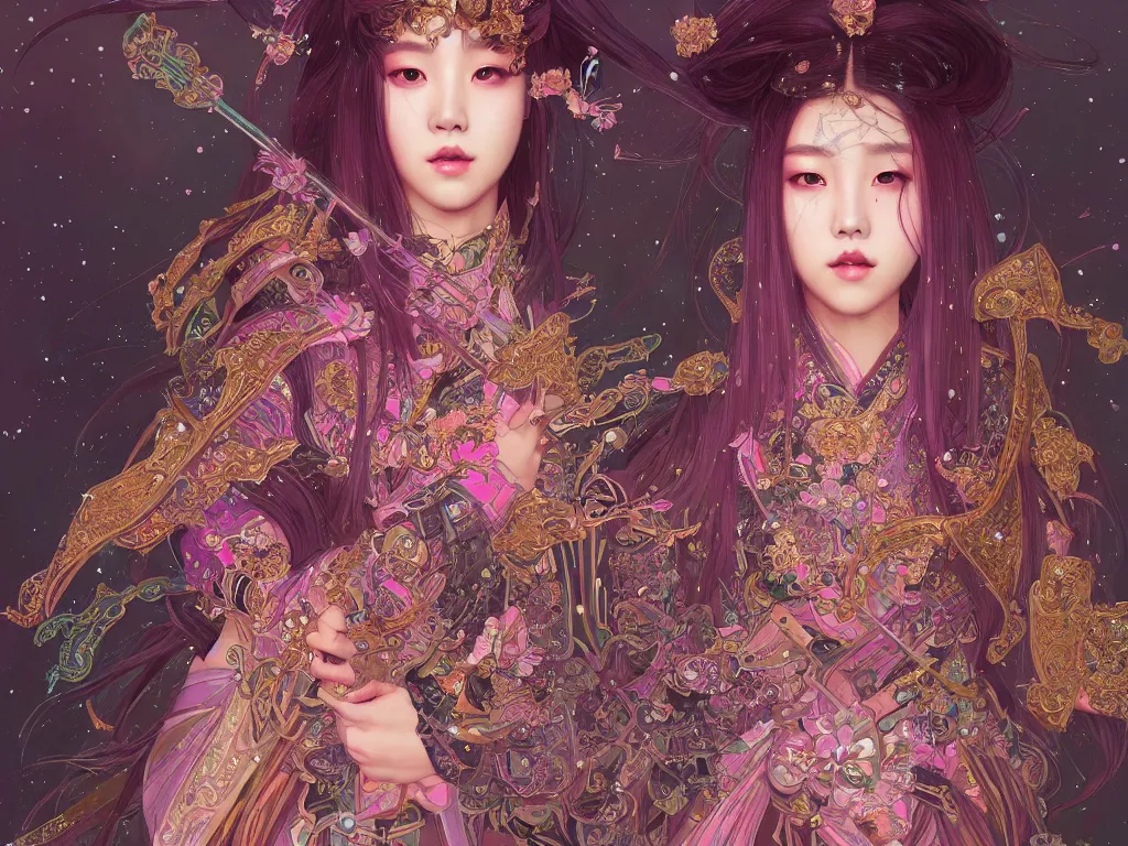 Prompt: portrait jisoo blackpink, wearings samurai colorpunk armor, in temple firefly stormy sparkles night, ssci - fi and fantasy, intricate and very very beautiful and elegant, highly detailed, digital painting, artstation, concept art, smooth and sharp focus, illustration, art by tian zi and wlop and alphonse mucha