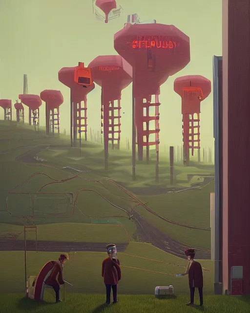 Image similar to corporate data theft by Simon Stålenhag and Grant Wood, oil on canvas