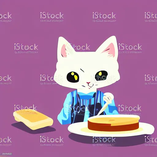 Image similar to vector art illustration, high definition, white background, of a silly cat baking cookies, in the style of anime