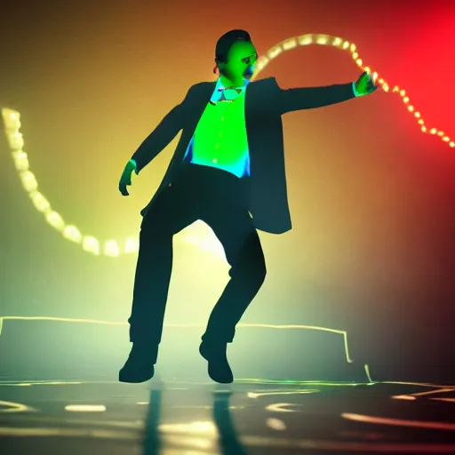 Prompt: a detailed picture of adolf hitler dancing at a rave, edm fans, neon lights, dance club rave, volumetric lighting, greg rutkowski and alphonse mucha, 8 k, octane render
