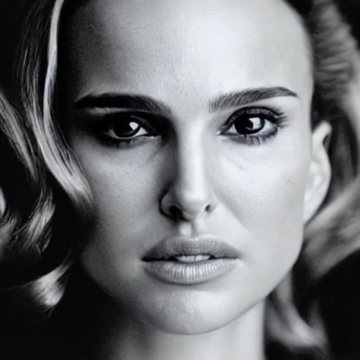 Image similar to a still of natalie portman a beautiful looking off into the distance, wavy medium - length blond hair, beautiful eyes, medium shot, with a soft, natural light falling on her face. the focus is on her eyes and brows, which are perfectly shaped and well - defined. by annie leibowitz