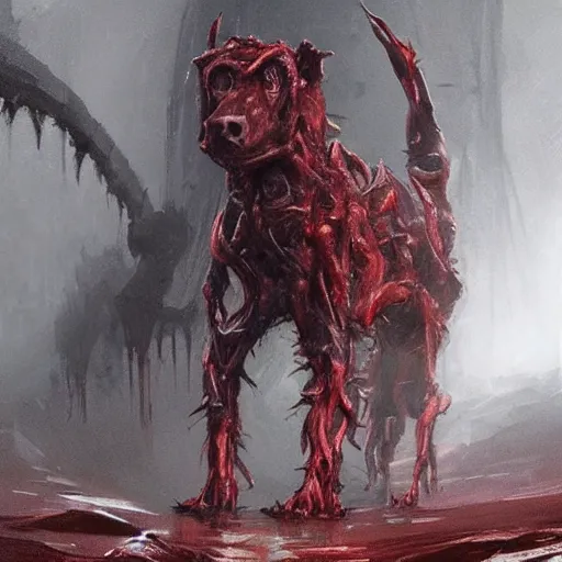 Image similar to concept art by greg rutkowski, dog - shaped monster made of twisted meat and reddish ooze, roaming the colony, looking rabid, in a claustrophobic, futuristic and brutalist environment, frightening and creepy atmosphere, scifi, highly detailed portrait, digital painting, artstation, concept art, smooth, sharp foccus ilustration, artstation hq