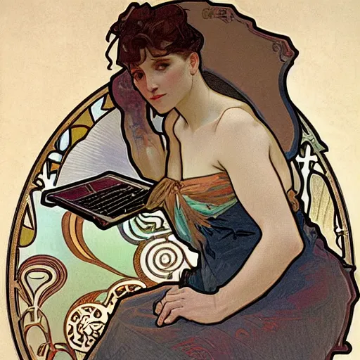 Image similar to a confused designer looking at their laptop by Alphonse Mucha