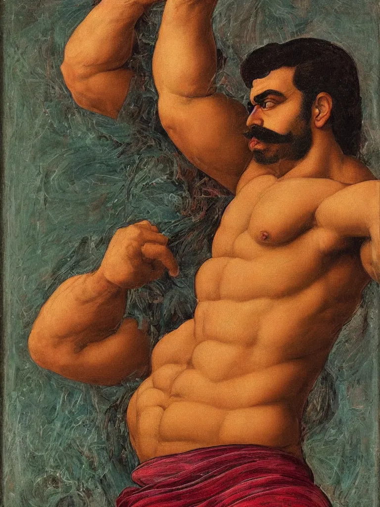 Prompt: close up portrait of a 20 years old muscular persian iranian wrestler handsome man flexing and posing with a mustache by victor Nizovtsev and Botticelli