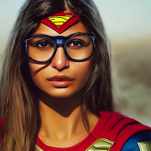 Image similar to a close up face of young Mia Khalifa as Supergirl by Greg Rutkowski, Sung Choi, Mitchell Mohrhauser, Maciej Kuciara, Johnson Ting, Maxim Verehin, Peter Konig, Zack Snyder, 8k photorealistic, cinematic lighting, HD, high details, dramatic, trending on artstation,