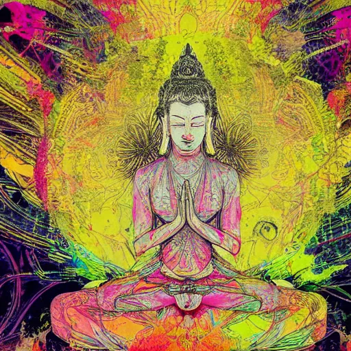 Image similar to contented female bodhisattva, praying meditating, portrait illustration by Carne Griffiths