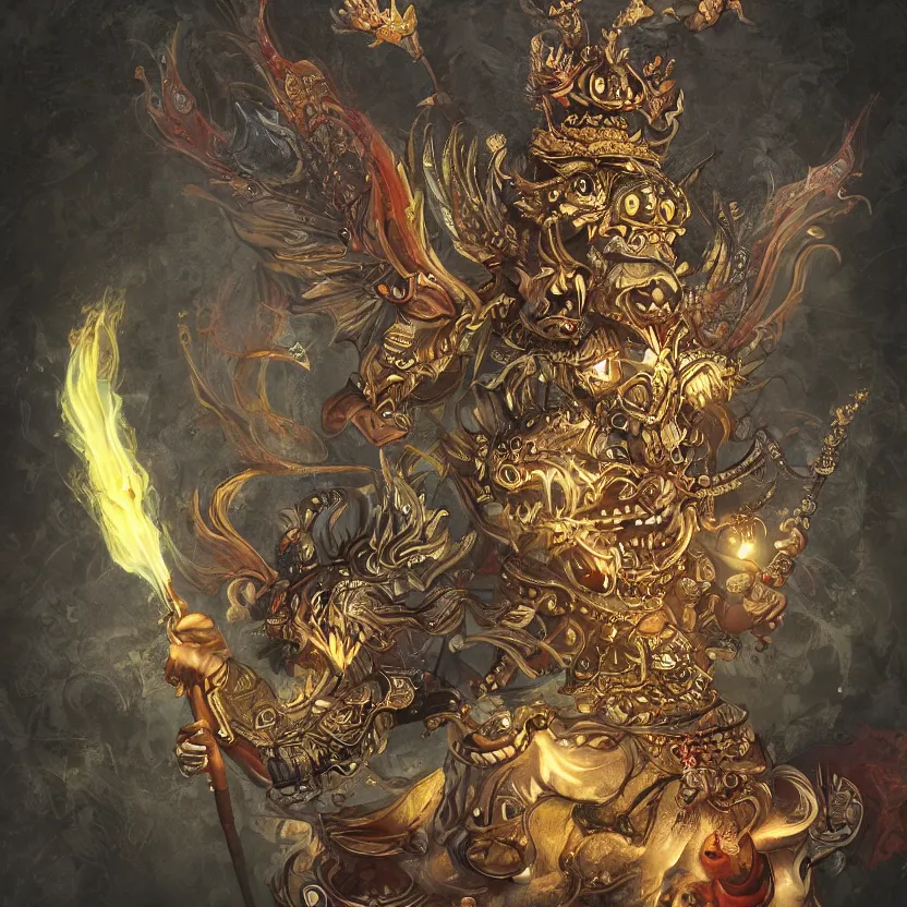 Prompt: barong the balinese demon glowing with magical fairy dust. whimsical fantasy art. award winning painting. highly detailed digital art. high contrast. dark background. beautiful composition. masterpiece. trending on artstation