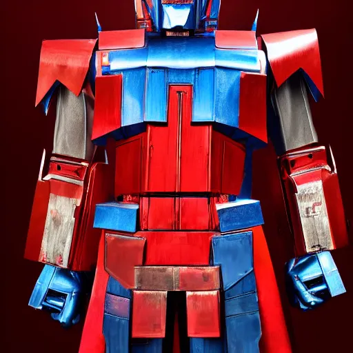 Image similar to A man dressed as Optimus prime, 8k, digital photograph