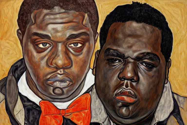 Image similar to a mug shot style portrait of biggie smalls in style of egon schiele, masterpiece, hyperdetailed, complex, intricate, 4 k, trending on artstation