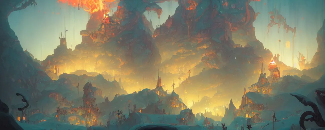 Image similar to candyland, epic, hiroshi yoshida, blake rottinge, marc simonetti, gouache, fire lit, magical atmosphere, trending in artstation by peter mohrbacher,