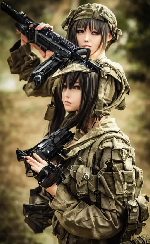 Image similar to photo taken during battle, highly detailed, high resolution, cosplay photo, stunning, girls frontline style, bokeh soft, 100mm, trending on instagram, by professional photographer, realistic human anatomy, real human faces, realistic military carrier, soldier clothing, modern warfare, realistic weapon, shot with a arriflex 35 ii, low saturation, small human eyes, improve picture from previous attempts