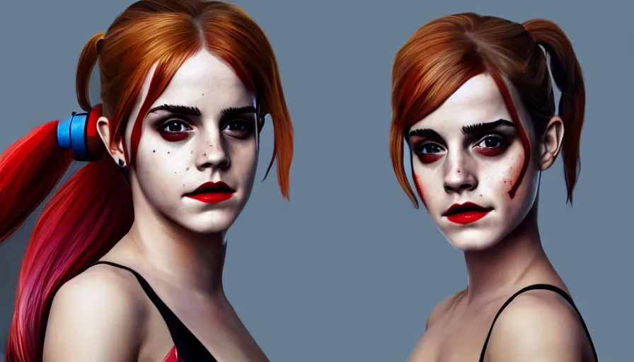 Image similar to emma watson is harley quinn, hyperdetailed, artstation, cgsociety, 8 k