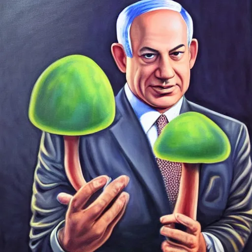 Prompt: painting of benjamin netanyahu holding a mushroom, cinematic composition, trippy, sharp focus, by alex grey