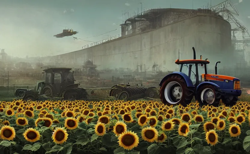 Prompt: hyperrealistic matte painting of cute tractor on the sunflower field draggin the russian tank, graffiti, scaffolding, smog, destruction by filip hodas, beeple, 4 k, trending on cgsociety