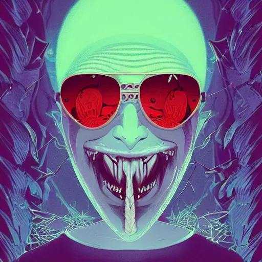 Image similar to Vampire in Fear and Loathing Wonderland, a new age fantasy portrait by Christopher Balaskas and Nekro, psychedelic, vivid color, Album Cover