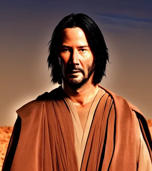 Image similar to keanu reeves as a jedi master, perfect symmetrical face, a red sand desert, full moon, moody lighting, 8 k, shallow depth of field, intricate detail,