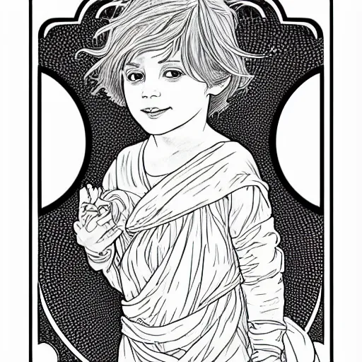 Prompt: clean simple line art of a little boy with short hair. no background. plain white background. well composed, clean coloring book page, beautiful detailed face. coloring book line art by greg rutkowski and johanna basford and alphonse mucha