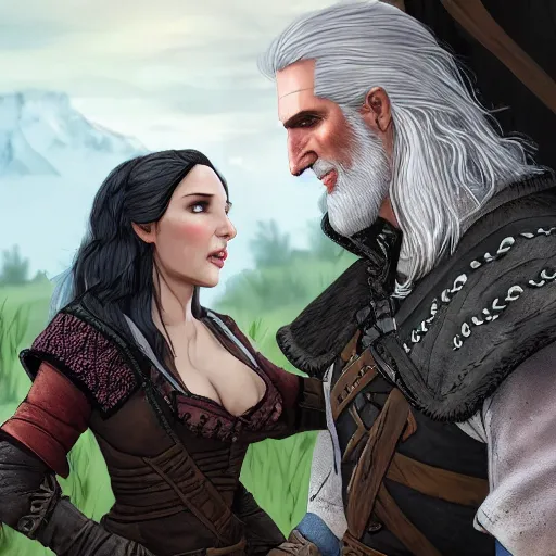 Prompt: geralt and yennefer on a unicorn